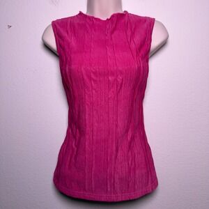 y2k Women Textured Sleeveless Top Hot Pink Ruffle Trim‎ Feminine Stretch Summer